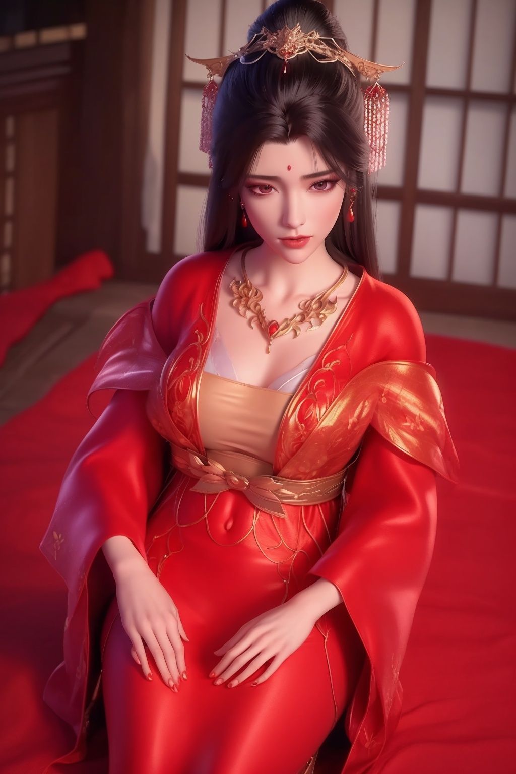 ultra realistic 8k cg, picture-perfect face, flawless, clean, masterpiece, professional artwork, famous artwork,full body,standing,wanmei\(yuechan\), 1girl, solo, jewelry, earrings, red chinese wedding dress,<lora:yuechan_wedding_p:0.7>,