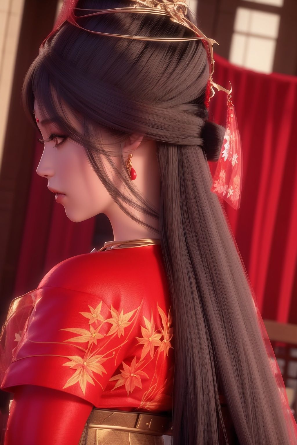ultra realistic 8k cg, picture-perfect face, flawless, clean, masterpiece, professional artwork, famous artwork,from behind,wanmei\(yuechan\), 1girl, solo, jewelry, earrings, red chinese wedding dress,veil,<lora:yuechan_wedding_p:0.7>,