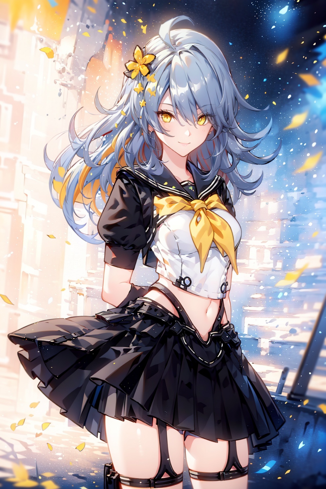 1girl, skirt, solo, yellow eyes, black skirt, looking at viewer, grey hair, bangs, short sleeves, gloves, closed mouth, smile, pleated skirt,  ahoge, hair over one eye, school uniform, neckerchief, long hair, hair between eyes, fingerless gloves, hair ornament, shirt, black gloves, serafuku, breasts, sailor collar, yellow neckerchief,sifengyuanyuXF,
(masterpiece:1.2), best quality, masterpiece, highres, original,ultra-detailed, illustration,extremely detailed wallpaper, perfect lighting,(extremely detailed CG:1.2), drawing, paintbrush,