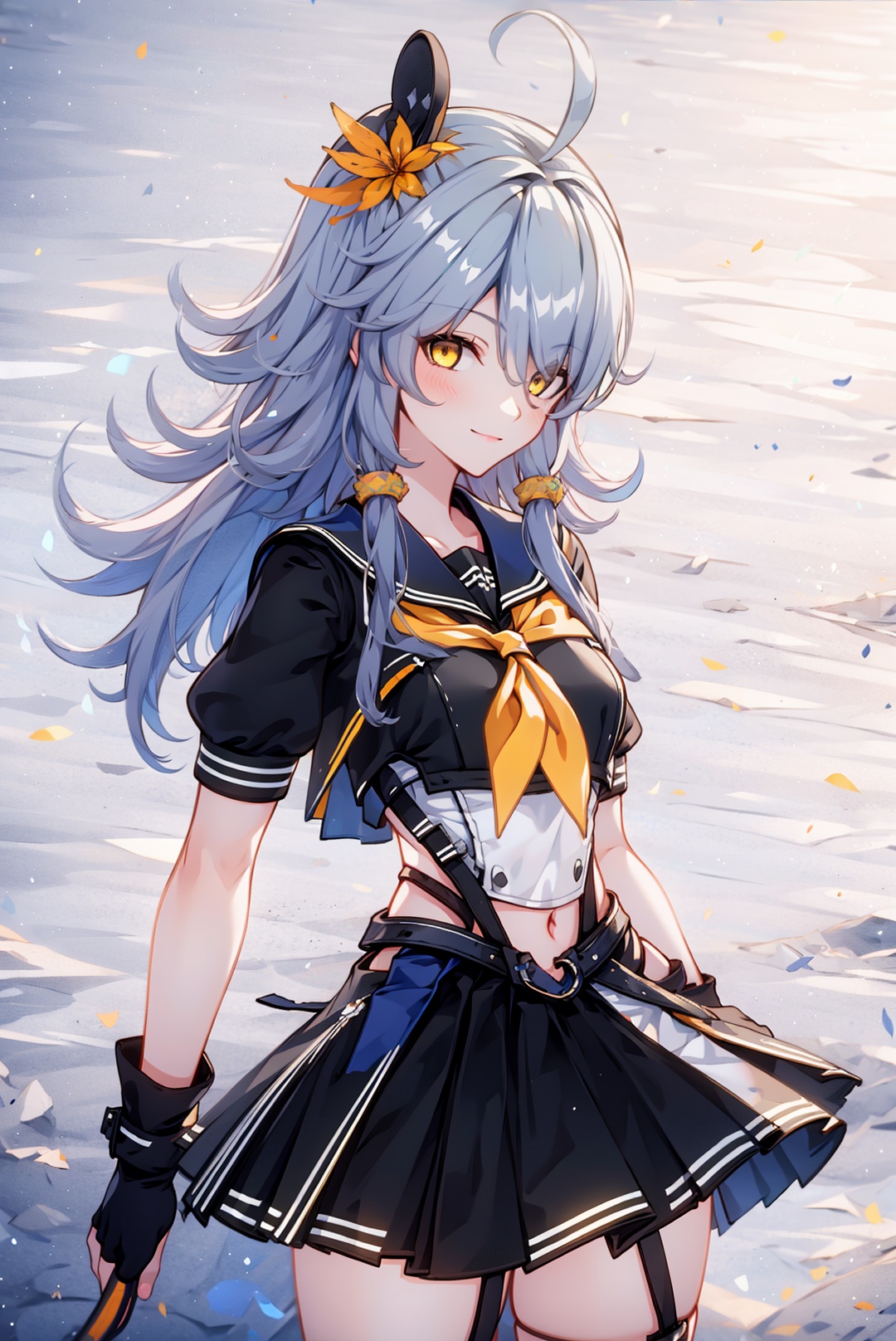 1girl, skirt, solo, yellow eyes, black skirt, looking at viewer, grey hair, bangs, short sleeves, gloves, closed mouth, smile, pleated skirt,  ahoge, hair over one eye, school uniform, neckerchief, long hair, hair between eyes, fingerless gloves, hair ornament, shirt, black gloves, serafuku, breasts, sailor collar, yellow neckerchief,sifengyuanyuXF,
(masterpiece:1.2), best quality, masterpiece, highres, original,ultra-detailed, illustration,extremely detailed wallpaper, perfect lighting,(extremely detailed CG:1.2), drawing, paintbrush,