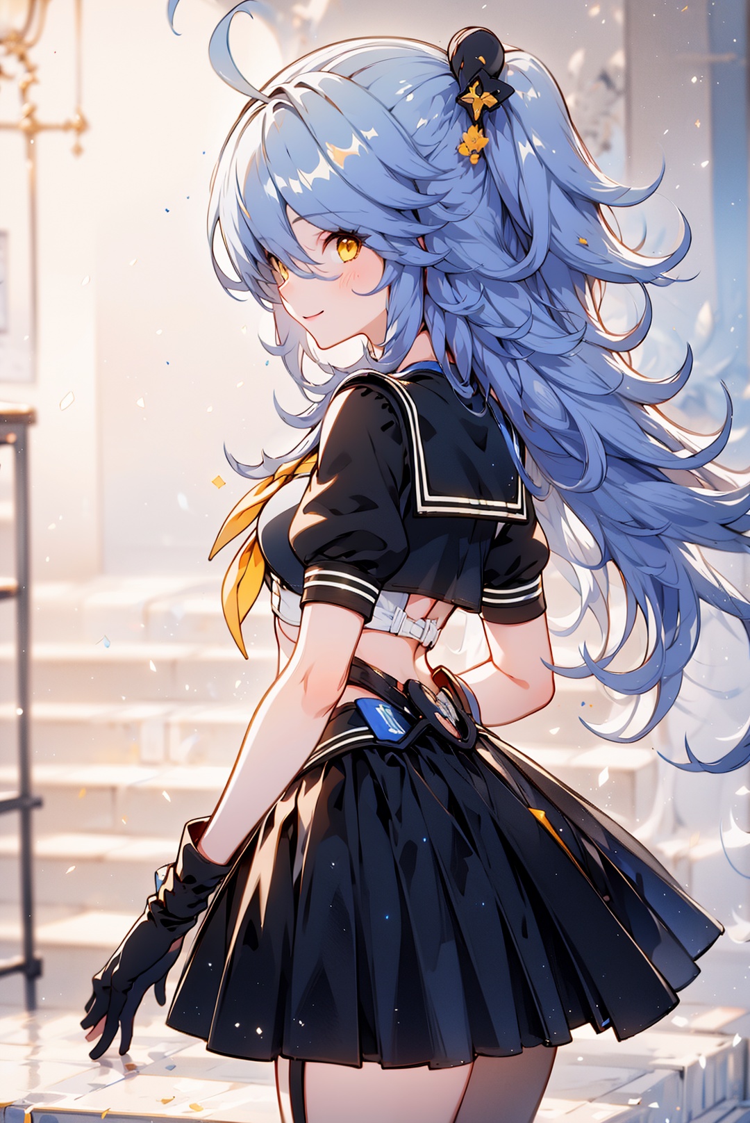 1girl, skirt, solo, yellow eyes, black skirt, looking at viewer, grey hair, bangs, short sleeves, gloves, closed mouth, smile, pleated skirt,  ahoge, hair over one eye, school uniform, neckerchief, long hair, hair between eyes, fingerless gloves, hair ornament, shirt, black gloves, serafuku, breasts, sailor collar, yellow neckerchief,sifengyuanyuXF,
(masterpiece:1.2), best quality, masterpiece, highres, original,ultra-detailed, illustration,extremely detailed wallpaper, perfect lighting,(extremely detailed CG:1.2), drawing, paintbrush,