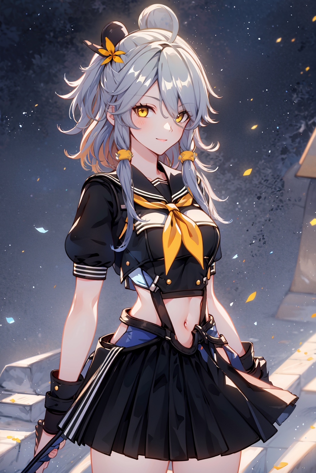 1girl, skirt, solo, yellow eyes, black skirt, looking at viewer, grey hair, bangs, short sleeves, gloves, closed mouth, smile, pleated skirt,  ahoge, hair over one eye, school uniform, neckerchief, long hair, hair between eyes, fingerless gloves, hair ornament, shirt, black gloves, serafuku, breasts, sailor collar, yellow neckerchief,sifengyuanyuXF,
(masterpiece:1.2), best quality, masterpiece, highres, original,ultra-detailed, illustration,extremely detailed wallpaper, perfect lighting,(extremely detailed CG:1.2), drawing, paintbrush,