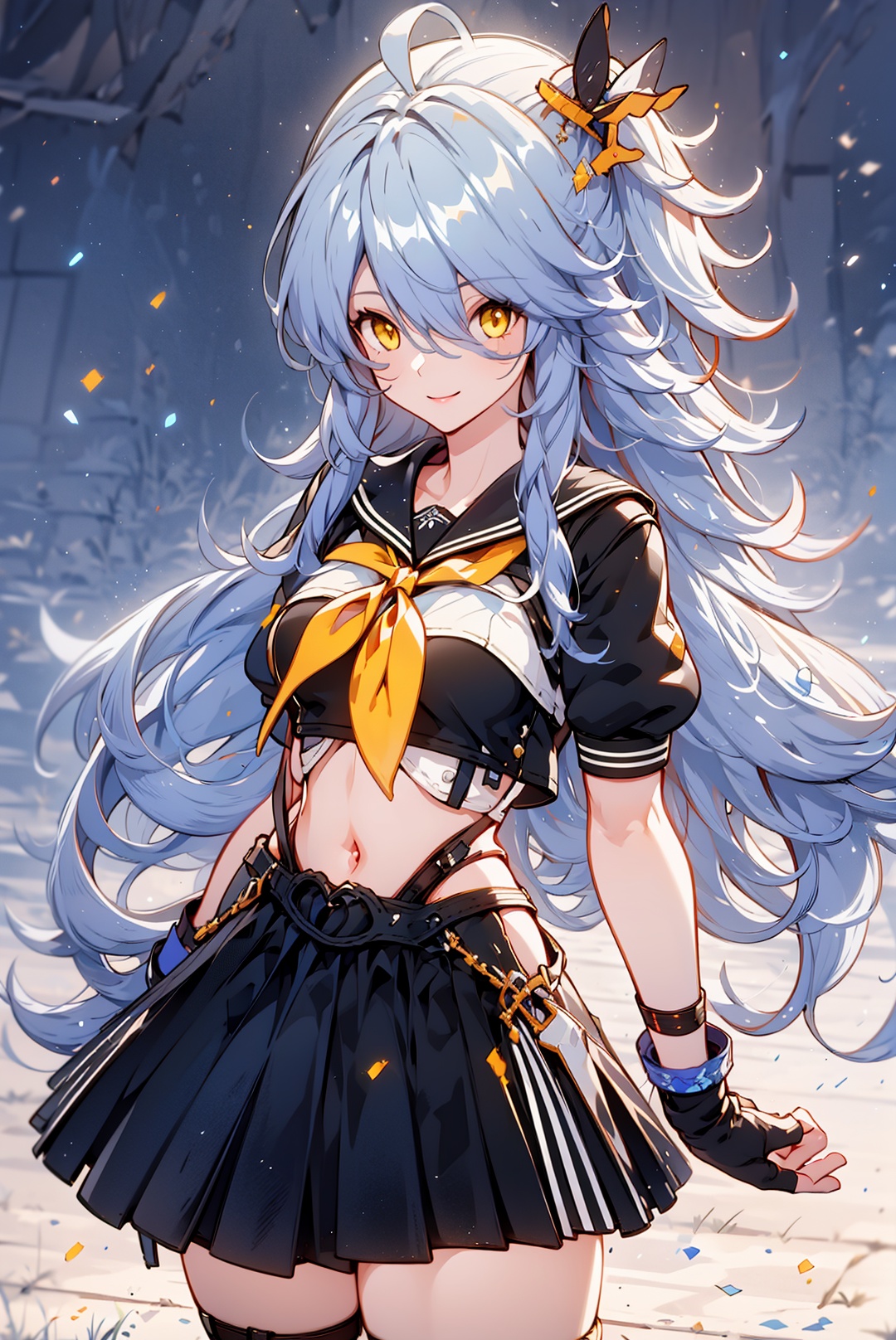 1girl, skirt, solo, yellow eyes, black skirt, looking at viewer, grey hair, bangs, short sleeves, gloves, closed mouth, smile, pleated skirt,  ahoge, hair over one eye, school uniform, neckerchief, long hair, hair between eyes, fingerless gloves, hair ornament, shirt, black gloves, serafuku, breasts, sailor collar, yellow neckerchief,sifengyuanyuXF,
(masterpiece:1.2), best quality, masterpiece, highres, original,ultra-detailed, illustration,extremely detailed wallpaper, perfect lighting,(extremely detailed CG:1.2), drawing, paintbrush,