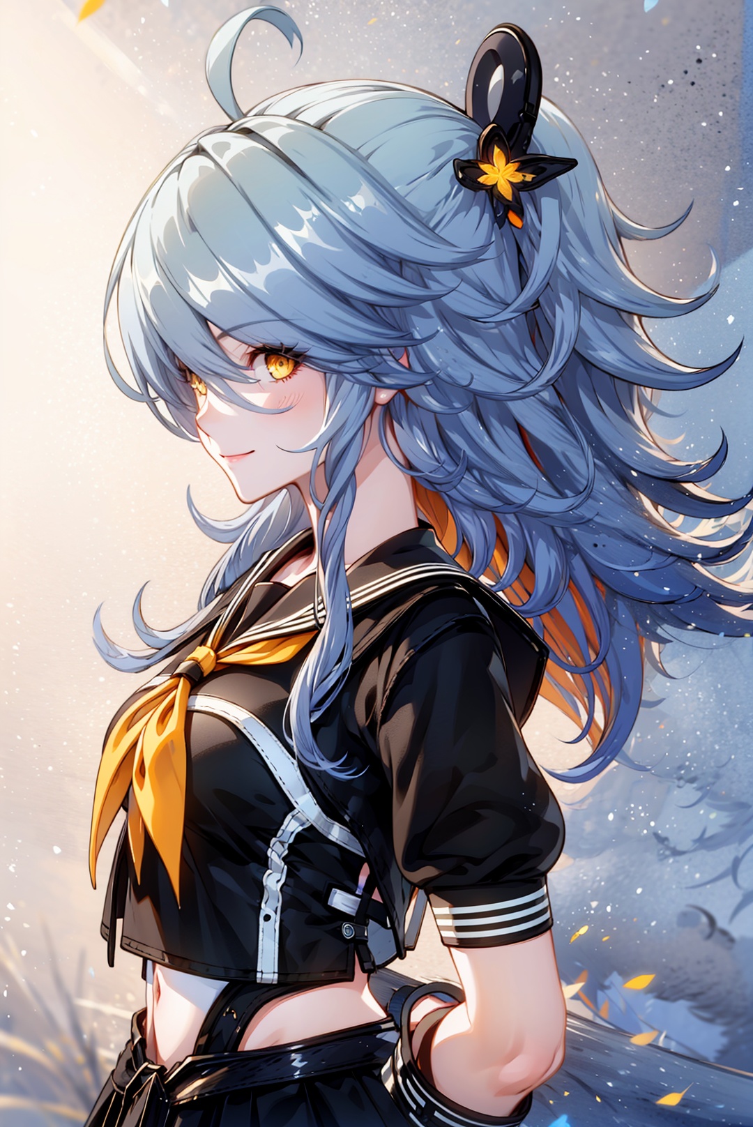 1girl, skirt, solo, yellow eyes, black skirt, looking at viewer, grey hair, bangs, short sleeves, gloves, closed mouth, smile, pleated skirt,  ahoge, hair over one eye, school uniform, neckerchief, long hair, hair between eyes, fingerless gloves, hair ornament, shirt, black gloves, serafuku, breasts, sailor collar, yellow neckerchief,sifengyuanyuXF,
(masterpiece:1.2), best quality, masterpiece, highres, original,ultra-detailed, illustration,extremely detailed wallpaper, perfect lighting,(extremely detailed CG:1.2), drawing, paintbrush,