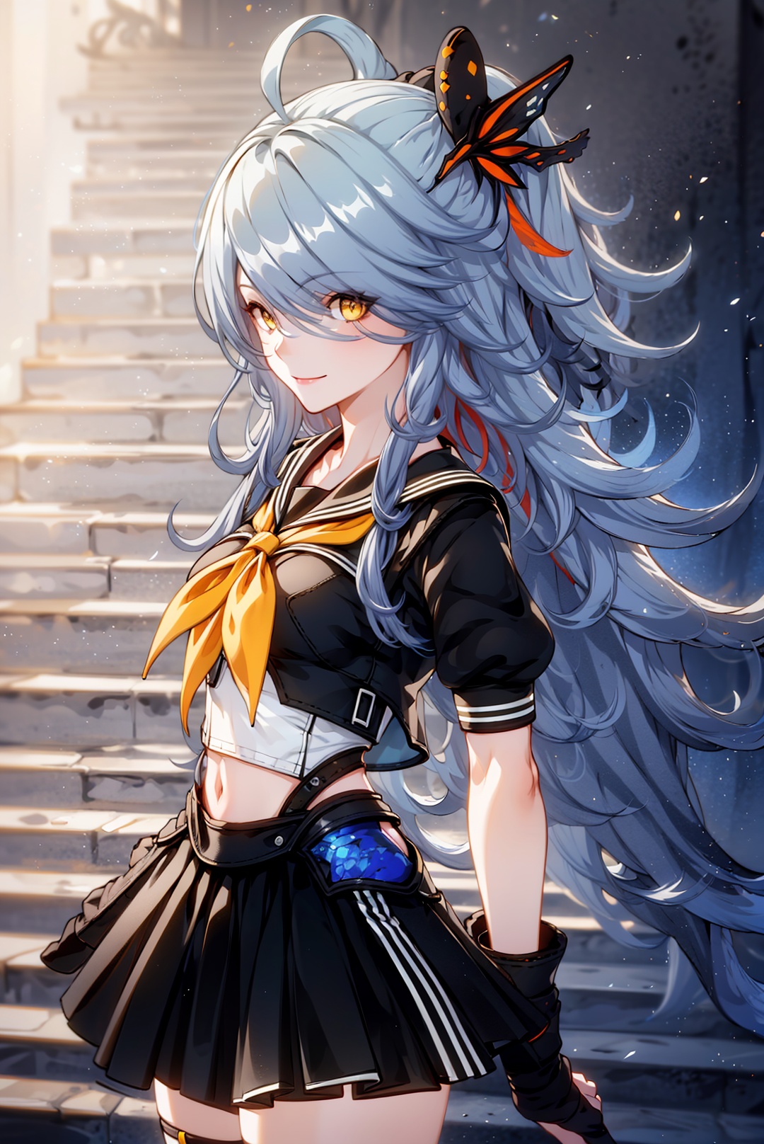 1girl, skirt, solo, yellow eyes, black skirt, looking at viewer, grey hair, bangs, short sleeves, gloves, closed mouth, smile, pleated skirt,  ahoge, hair over one eye, school uniform, neckerchief, long hair, hair between eyes, fingerless gloves, hair ornament, shirt, black gloves, serafuku, breasts, sailor collar, yellow neckerchief,sifengyuanyuXF,
(masterpiece:1.2), best quality, masterpiece, highres, original,ultra-detailed, illustration,extremely detailed wallpaper, perfect lighting,(extremely detailed CG:1.2), drawing, paintbrush,