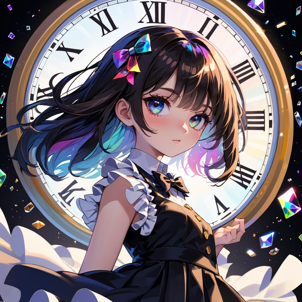 ((illustration)), ((floating hair)), ((chromatic aberration)), ((caustic)), lens flare, dynamic angle, ((portrait)), (1 girl), ((solo)), cute face, ((hidden hands)), asymmetrical bangs, (beautiful detailed eyes), eye shadow, ((huge clocks)), ((glass strips)), (floating glass fragments), ((colorful refraction)), (beautiful detailed sky), ((dark intense shadows)), ((cinematic lighting)), ((overexposure)), (expressionless), blank stare, big top sleeves, ((frills)), hair_ornament, ribbons, bowties, buttons, (((small breast))), pleated skirt, ((sharp focus)), ((masterpiece)), (((best quality))), ((extremely detailed)), colorful,