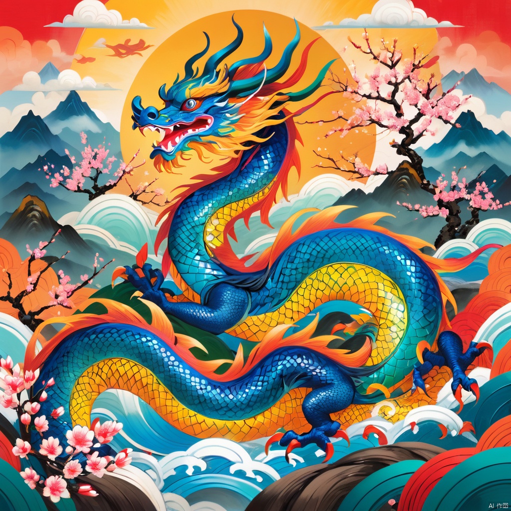 The background is characterized by vivid multi-colored dragon totem and meticulous painting style of dragon patron saint, creating a lively and festive Spring Festival scene