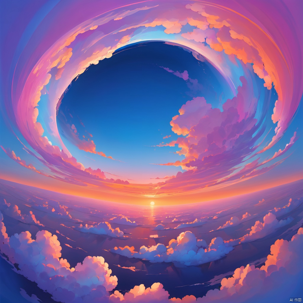 Pink blue, orange, blue Purple gradient, curly clouds, stirring,sky,stratosphere, away from land, away from sea, huge hollow in the very center of the picture, shadows all over, dawn breaks, skyline, less spherical elements, more clouds