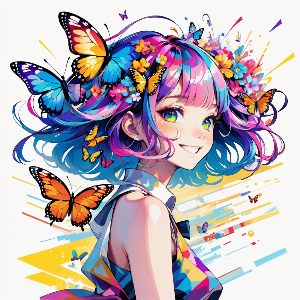 dancing, colorful hair,hair ornament, smile,((Harajuku Fashion)), (Flower in eyes:0.6), double exposure, fussion of Fluid abstract art,glitch, (Original illustration composition), (fusion of limited color,Maximalism artstyle,Geometric artstyle,Butterflies,Junk art:0.75)