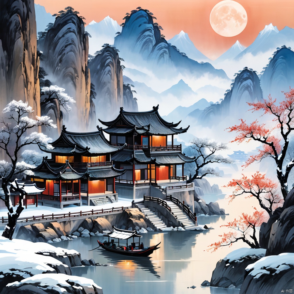 masterpiece, best quality, 1mountain, Chinese painting \(medium\), 1house, on the bank of the river, floor, mountain, water, white background,Ancient China,Unreal light and shadow, wide Angle lens, captured at dusk, highly refined,clear lines, Cold atmosphere, vivid, render high octane, extremely fine,mountain,waterfall,rock,boat,river,tree,chinese style,A painting of a tree, stone, Chinese landscape painting, Chinese style,chenshaomei ink landscape painting,xiaopenglai,big moon,snowing, high qulity, traditional Chinese painting, ukiyo-e, white and black theme,winter