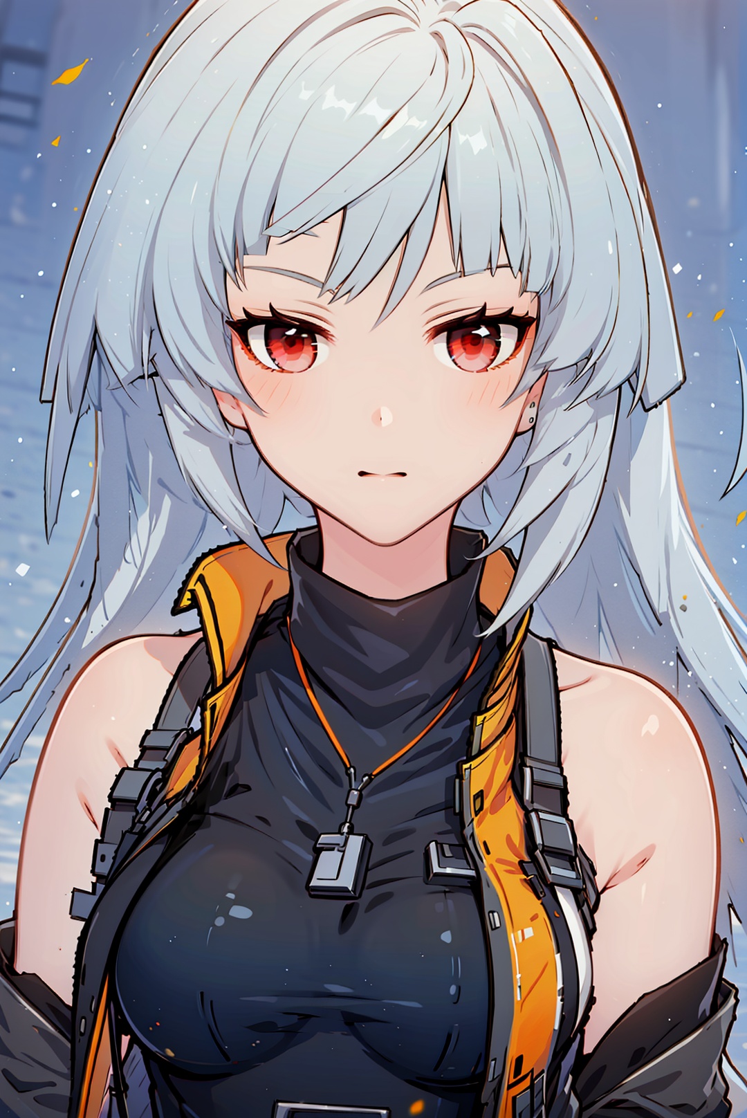 1girl, solo, gloves, red eyes, short hair,  black gloves, looking at viewer, dog tags,  jacket, closed mouth, open clothes, bangs, breasts, white hair, grey hair, necklace,xiumaXF,
(masterpiece:1.2), best quality, masterpiece, highres, original,ultra-detailed, illustration,extremely detailed wallpaper, perfect lighting,(extremely detailed CG:1.2), drawing, paintbrush, xiumaXF