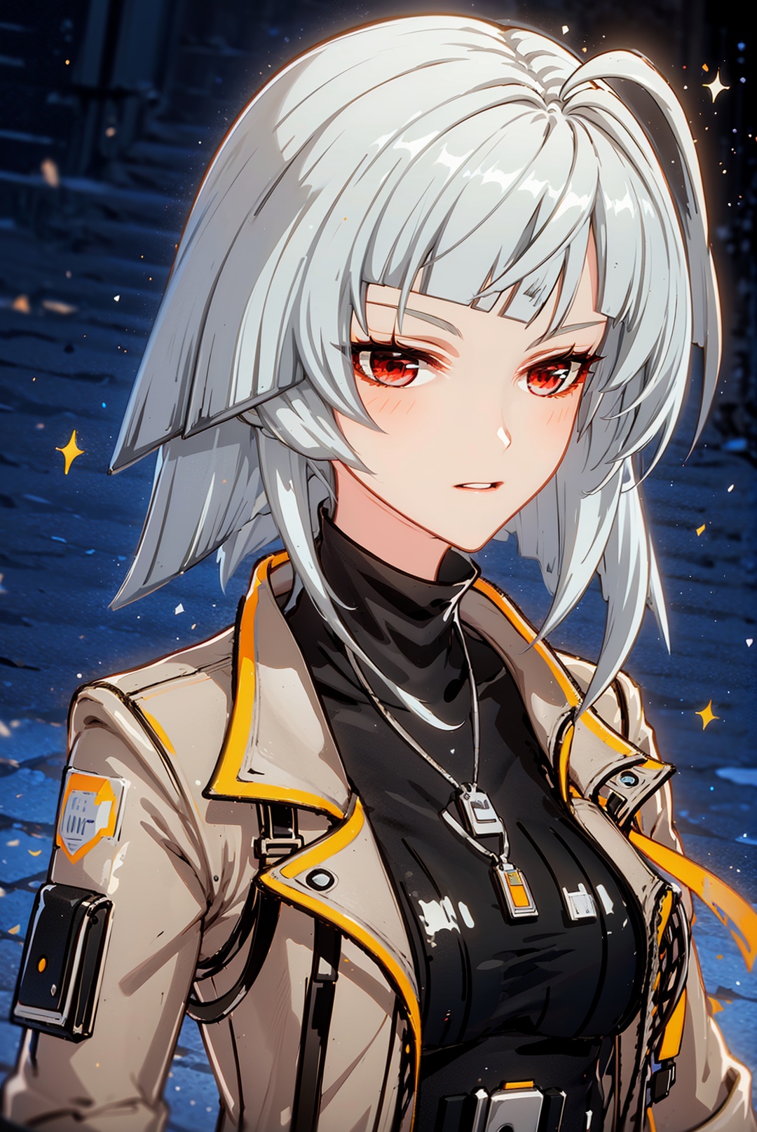 1girl, solo, gloves, red eyes, short hair,  black gloves, looking at viewer, dog tags,  jacket, closed mouth, open clothes, bangs, breasts, white hair, grey hair, necklace,xiumaXF,
(masterpiece:1.2), best quality, masterpiece, highres, original,ultra-detailed, illustration,extremely detailed wallpaper, perfect lighting,(extremely detailed CG:1.2), drawing, paintbrush, xiumaXF