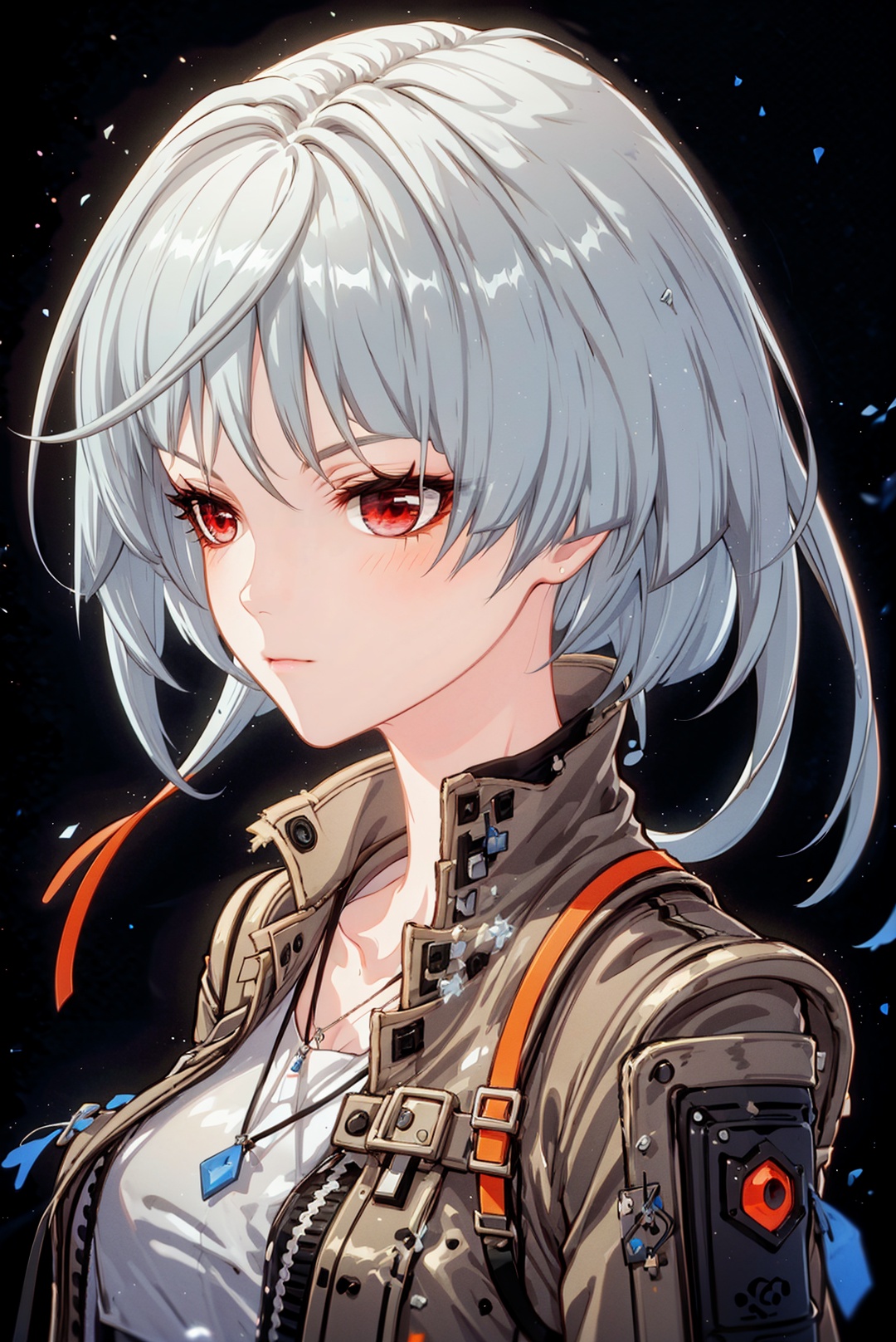 1girl, solo, gloves, red eyes, short hair,  black gloves, looking at viewer, dog tags,  jacket, closed mouth, open clothes, bangs, breasts, white hair, grey hair, necklace,xiumaXF,
(masterpiece:1.2), best quality, masterpiece, highres, original,ultra-detailed, illustration,extremely detailed wallpaper, perfect lighting,(extremely detailed CG:1.2), drawing, paintbrush, xiumaXF