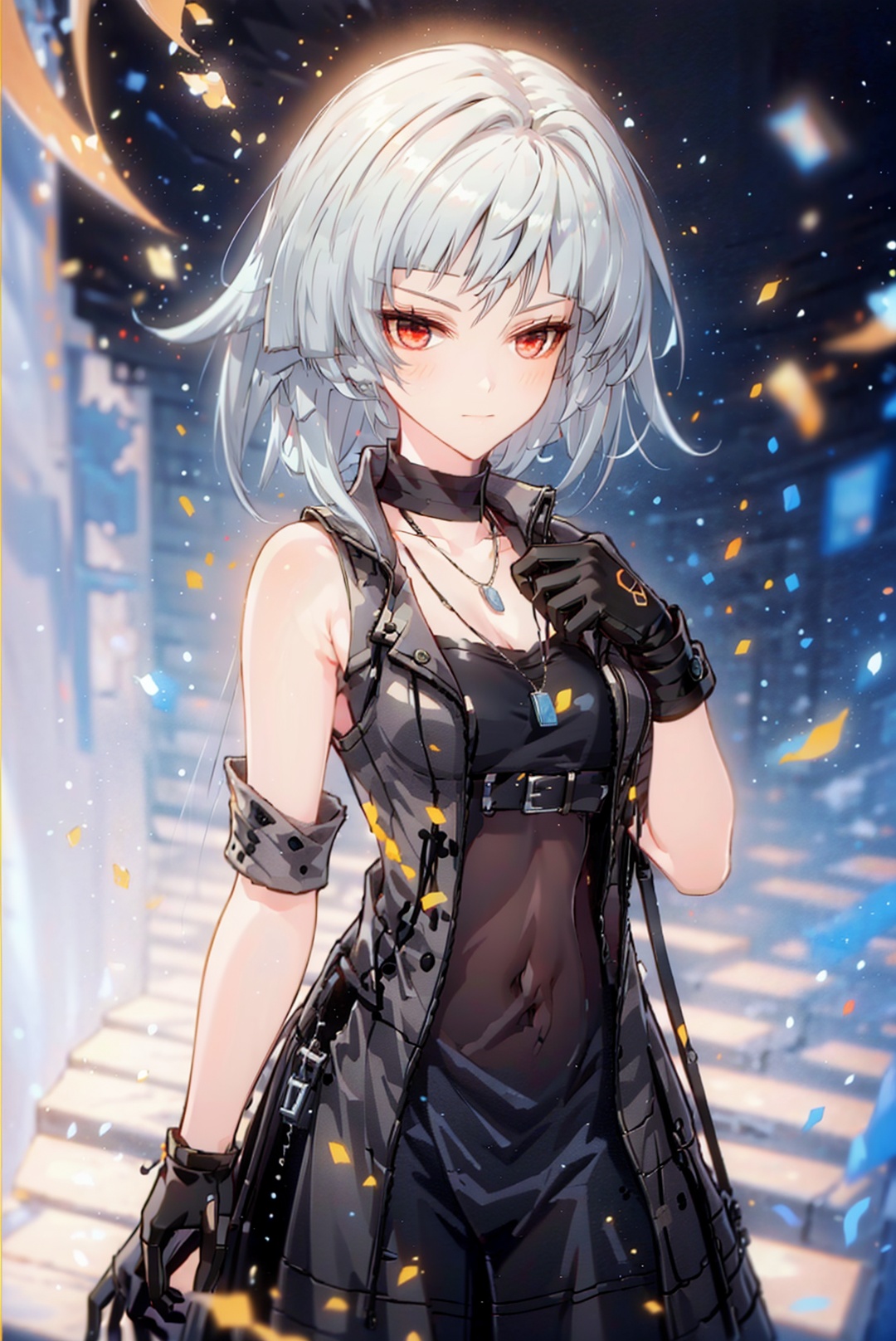 1girl, solo, gloves, red eyes, short hair,  black gloves, looking at viewer, dog tags,  jacket, closed mouth, open clothes, bangs, breasts, white hair, grey hair, necklace,xiumaXF,
(masterpiece:1.2), best quality, masterpiece, highres, original,ultra-detailed, illustration,extremely detailed wallpaper, perfect lighting,(extremely detailed CG:1.2), drawing, paintbrush, xiumaXF