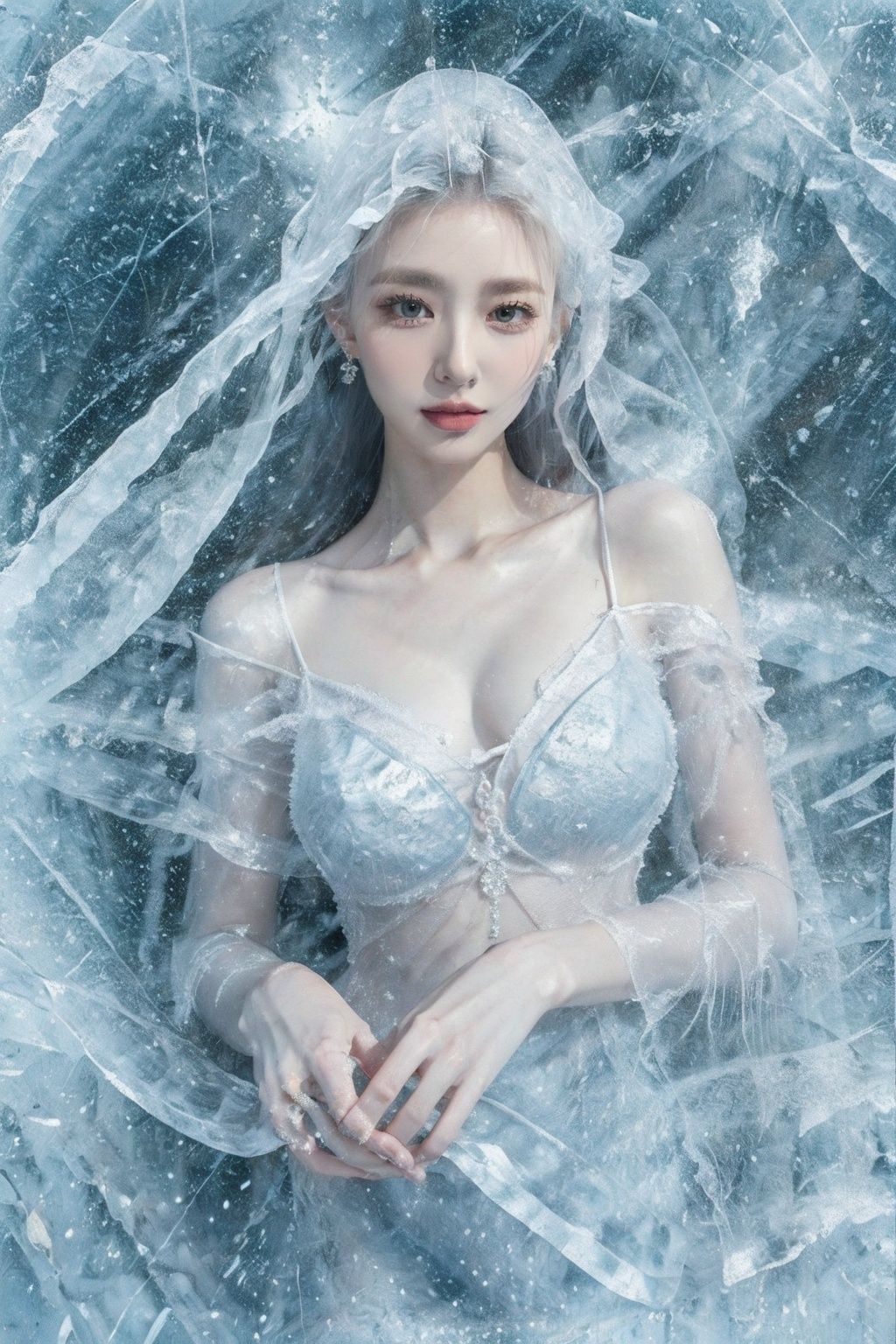 (Masterpiece, high quality, best quality, official art, beauty and aesthetics:1.2),1girl,solo,Ice wraps around the girl (lingering:1.2),(white chinese clothes:0.8),space,frost nova,ice ring,a bit like circular magic,<lora:ice cake_20231126200433-000018:0.8>,extremely detailed 8K wallpaper,(an extremely delicate and beautiful),intricate detail,exquisite eyes,ice bound,ice cake,(ice cracks:1.2),
