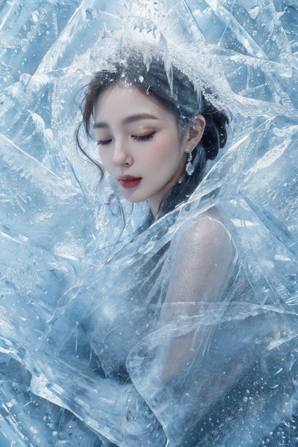 (Masterpiece, high quality, best quality, official art, beauty and aesthetics:1.2),ice and water,(ice:1.4),ice cone,ice circle,1girl,solo,Ice wraps around the girl (lingering:1.2),(white chinese clothes:0.8),space,((extremely detailed ink background)),((flat color)),{{ink splashing}},frost nova,ice ring,a bit like circular magic,facing camera,<lora:ice cake_20231126200433-000018:0.7>,extremely detailed 8K wallpaper,(an extremely delicate and beautiful),intricate detail,exquisite eyes,<lora:lolita_洛丽塔裙子_款式1:0.3:lbw=1,1,0,0,0,1,1,1,1,1,1,1,1,1,1,1,1>,sky,ice bound,ice cake,closed eyes,ice cracks,