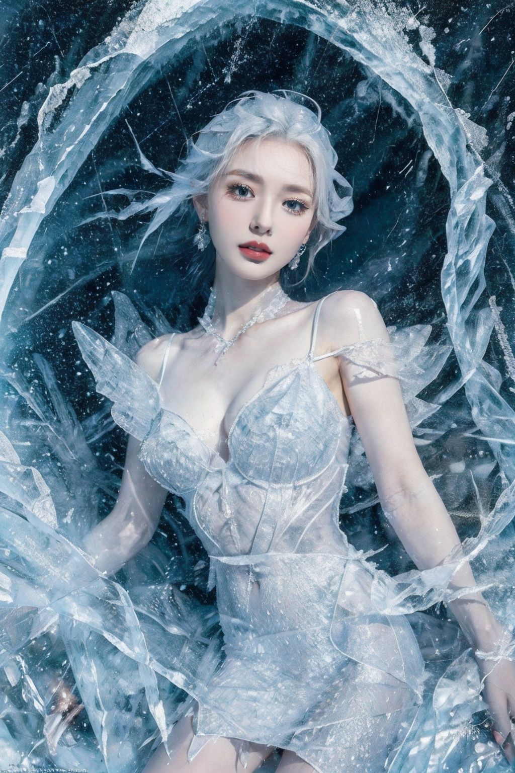 (Masterpiece, high quality, best quality, official art, beauty and aesthetics:1.2),1girl,solo,Ice wraps around the girl (lingering:1.2),(white chinese clothes:0.8),space,frost nova,ice ring,a bit like circular magic,<lora:ice cake_20231126200433-000018:0.8>,extremely detailed 8K wallpaper,(an extremely delicate and beautiful),intricate detail,exquisite eyes,ice bound,ice cake,(ice cracks:1.2),