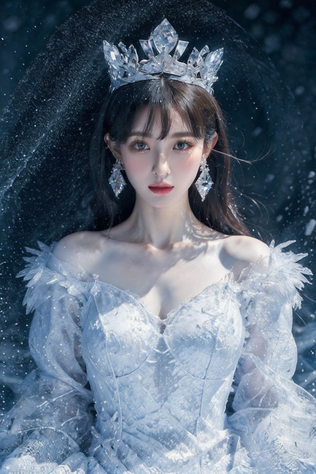 upper_body,(RAWphoto:1.2),(photorealistic:1.4),(masterpiece:1.4),(bestquality:1.4),HDR,1girl,earrings,jewelry,ice and snow crown,solo,exquisite eyes,gradient_background,bangs,dress,shiny skin,conforming to common sense,(half body:1.2),perfect figure,snow world,sitting on the throne,long leg,<lora:ice cake_20231126200433-000018:0.7>,