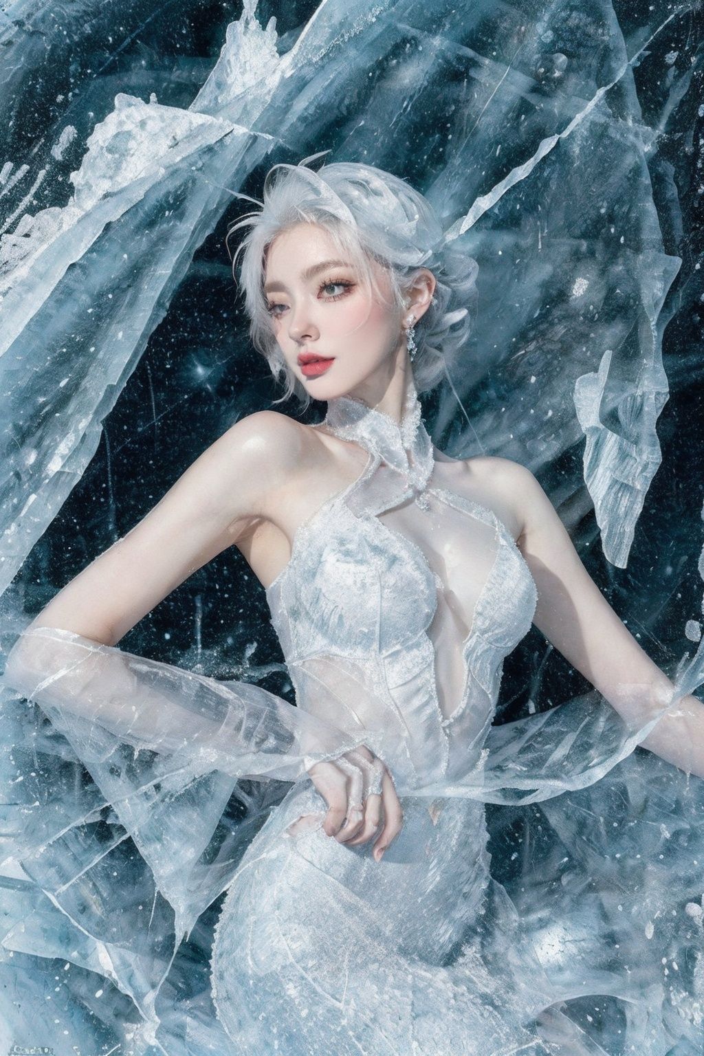 (Masterpiece, high quality, best quality, official art, beauty and aesthetics:1.2),1girl,solo,Ice wraps around the girl (lingering:1.2),(white chinese clothes:0.8),space,frost nova,ice ring,a bit like circular magic,<lora:ice cake_20231126200433-000018:0.8>,extremely detailed 8K wallpaper,(an extremely delicate and beautiful),intricate detail,exquisite eyes,ice bound,ice cake,(ice cracks:1.2),