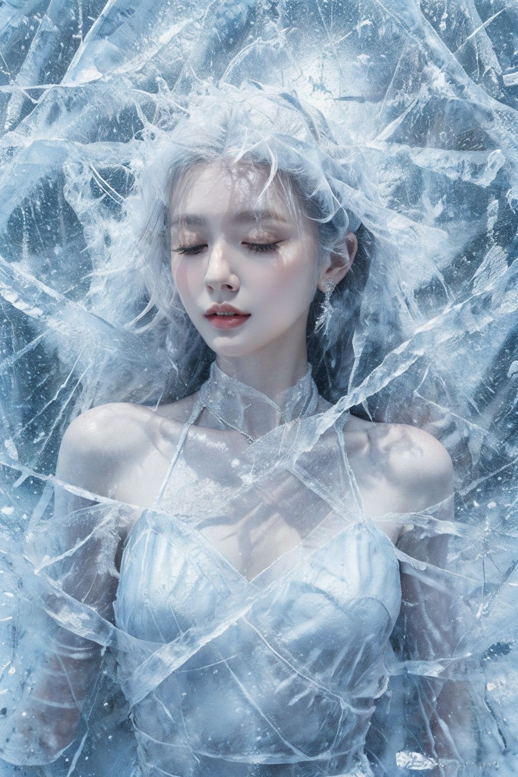 (Masterpiece, high quality, best quality, official art, beauty and aesthetics:1.2),ice and water,(ice:1.4),ice cone,ice circle,1girl,solo,Ice wraps around the girl (lingering:1.2),(white chinese clothes:0.8),space,((extremely detailed ink background)),((flat color)),{{ink splashing}},frost nova,ice ring,a bit like circular magic,facing camera,<lora:ice cake_20231126200433-000018:0.7>,extremely detailed 8K wallpaper,(an extremely delicate and beautiful),intricate detail,exquisite eyes,<lora:lolita_洛丽塔裙子_款式1:0.3:lbw=1,1,0,0,0,1,1,1,1,1,1,1,1,1,1,1,1>,sky,ice bound,ice cake,closed eyes,ice cracks,
