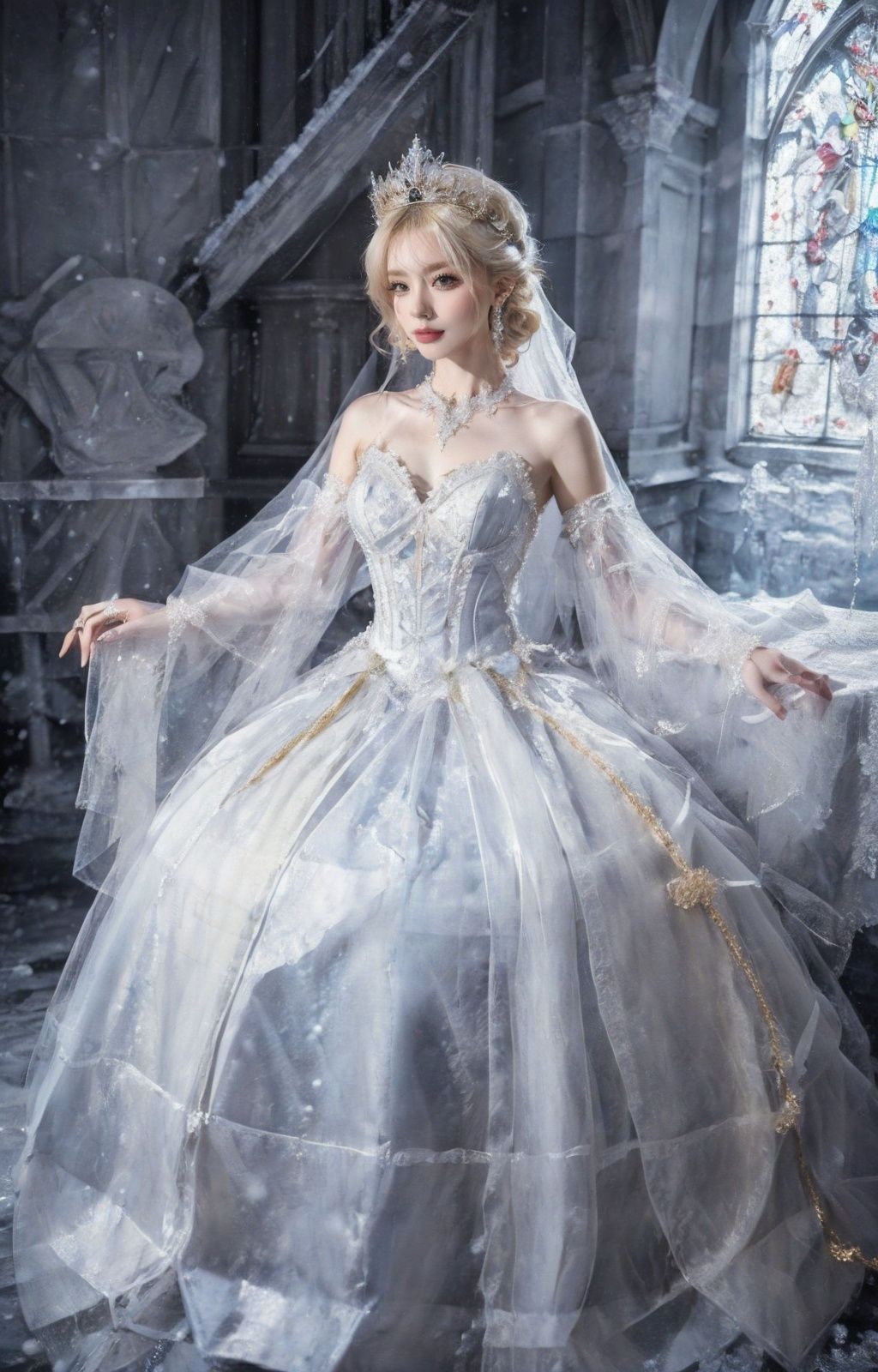 Petal skirt,flowers,(Real photos:1.2),(A beautiful young blonde girl stands gracefully inside a church:1.2),positioned according to the golden ratio spiral. She gazes ahead with bright blue dreamy eyes,upper_body,earrings,jewelry,ice and snow crown,solo,exquisite eyes,gradient_background,bangs,dress,shiny skin,conforming to common sense,perfect figure,(ice wedding dress:1.2),snow world,sitting on the throne,long leg,<lora:ice cake_20231126200433-000019:0.7>,(snow world:1.2),ray tracing,(best quality),((masterpiece)),extremely detailed 8K wallpaper,(an extremely delicate and beautiful),incredibly_absurdres,intricate detail,exquisite eyes,<lora:lolita_洛丽塔裙子_款式1:0.4:lbw=1,1,0,0,0,1,1,1,1,1,1,1,1,1,1,1,1>,