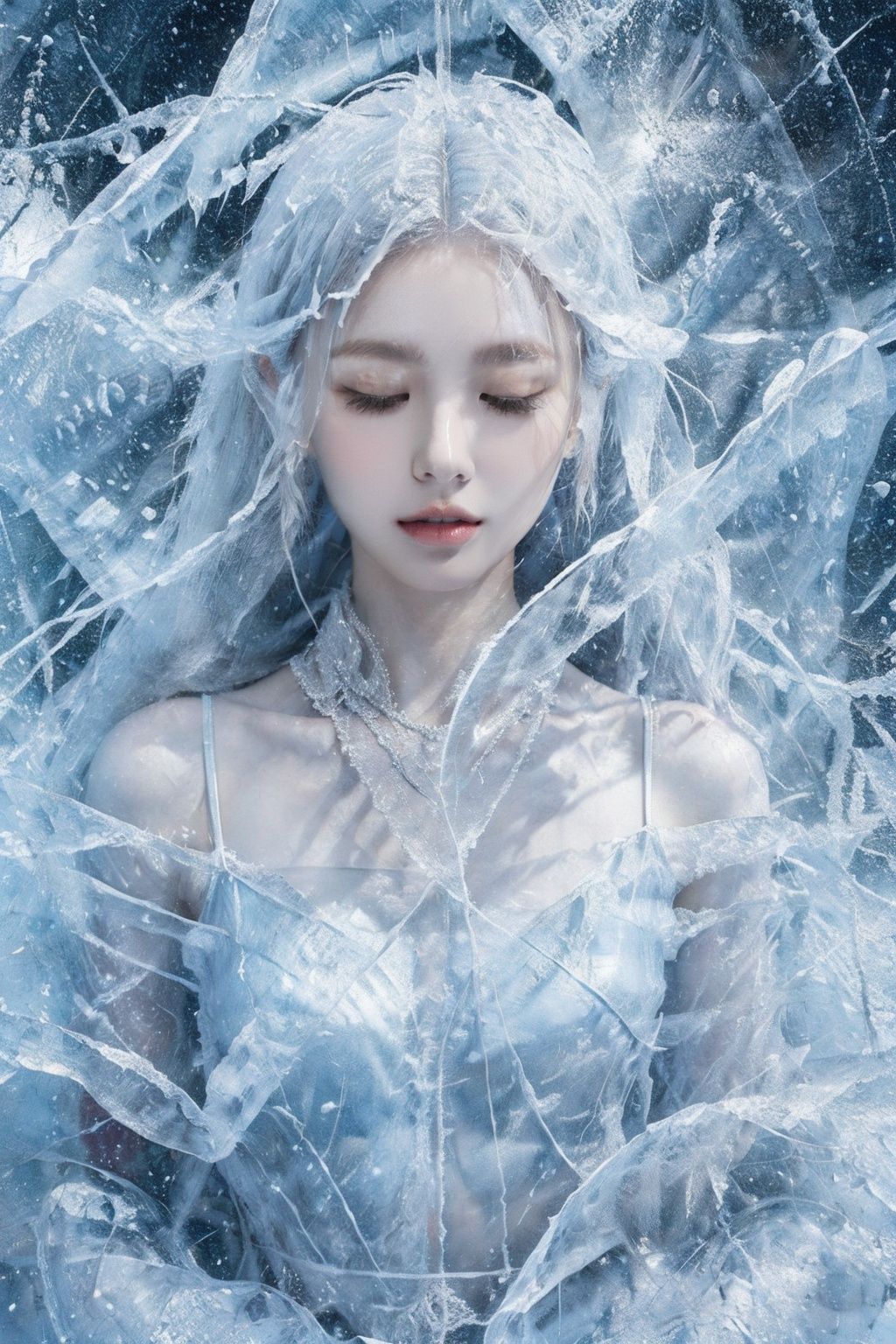 (Masterpiece, high quality, best quality, official art, beauty and aesthetics:1.2),ice and water,(ice:1.4),ice cone,ice circle,1girl,solo,Ice wraps around the girl (lingering:1.2),(white chinese clothes:0.8),space,((extremely detailed ink background)),((flat color)),{{ink splashing}},frost nova,ice ring,a bit like circular magic,facing camera,<lora:ice cake_20231126200433-000018:0.7>,extremely detailed 8K wallpaper,(an extremely delicate and beautiful),intricate detail,exquisite eyes,<lora:lolita_洛丽塔裙子_款式1:0.3:lbw=1,1,0,0,0,1,1,1,1,1,1,1,1,1,1,1,1>,sky,ice bound,ice cake,closed eyes,ice cracks,