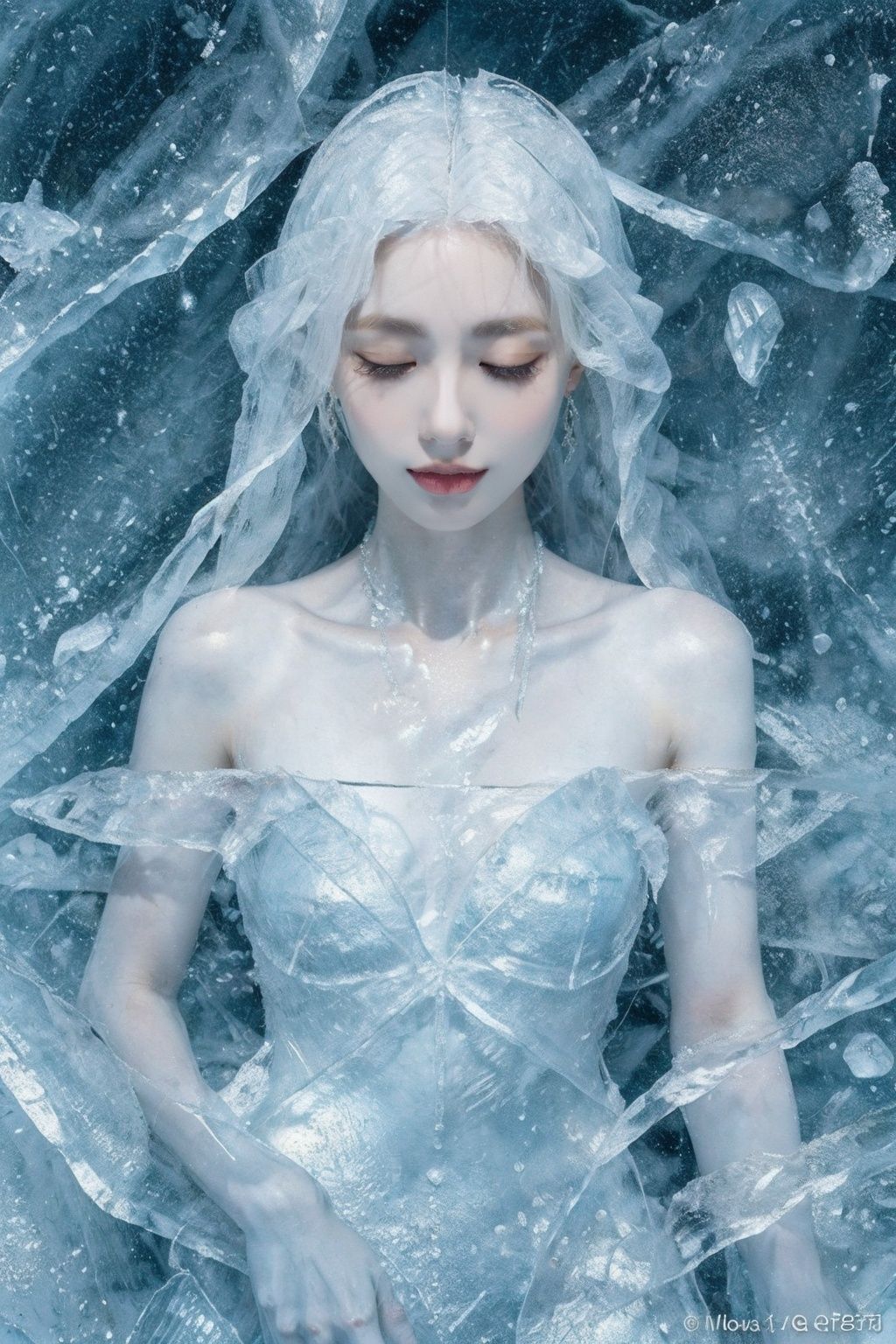 (Masterpiece, high quality, best quality, official art, beauty and aesthetics:1.2),ice and water,(ice:1.4),ice cone,ice circle,1girl,solo,Ice wraps around the girl (lingering:1.2),((flat color)),{{ink splashing}},frost nova,ice ring,a bit like circular magic,facing camera,<lora:ice cake_20231126200433-000018:0.7>,extremely detailed 8K wallpaper,(an extremely delicate and beautiful),intricate detail,exquisite eyes,sky,ice bound,ice cake,closed eyes,ice cracks,