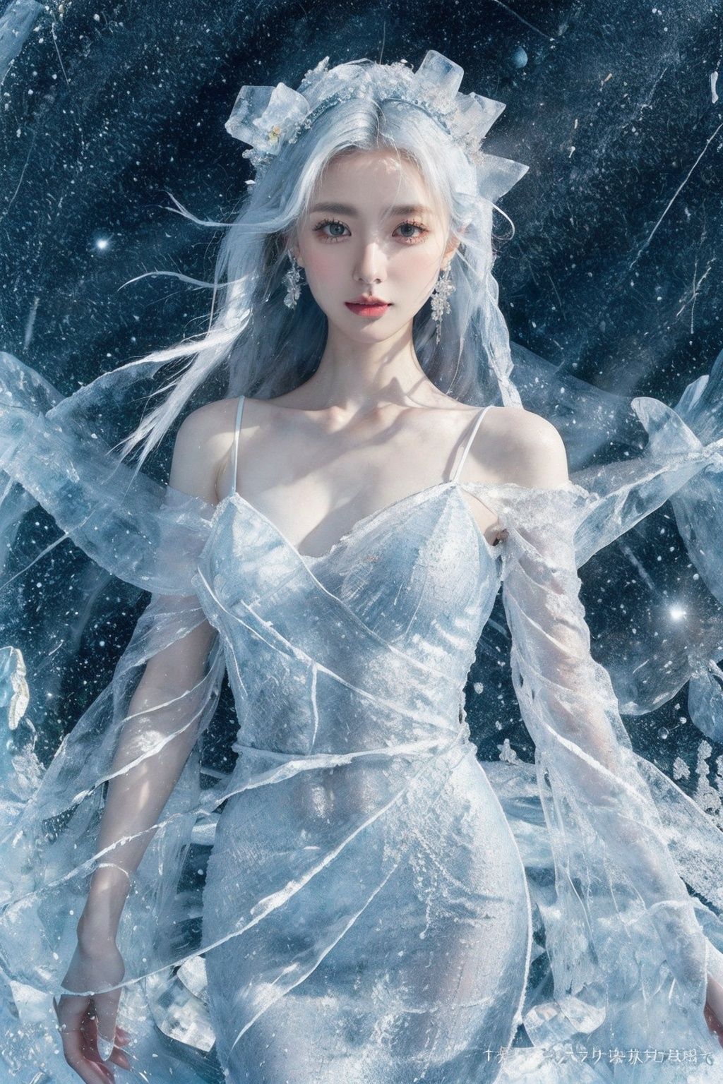 (Masterpiece, high quality, best quality, official art, beauty and aesthetics:1.2),1girl,solo,Ice wraps around the girl (lingering:1.2),(white chinese clothes:0.8),space,frost nova,ice ring,a bit like circular magic,<lora:ice cake_20231126200433-000018:0.7>,extremely detailed 8K wallpaper,(an extremely delicate and beautiful),intricate detail,exquisite eyes,ice bound,ice cake,ice cracks,