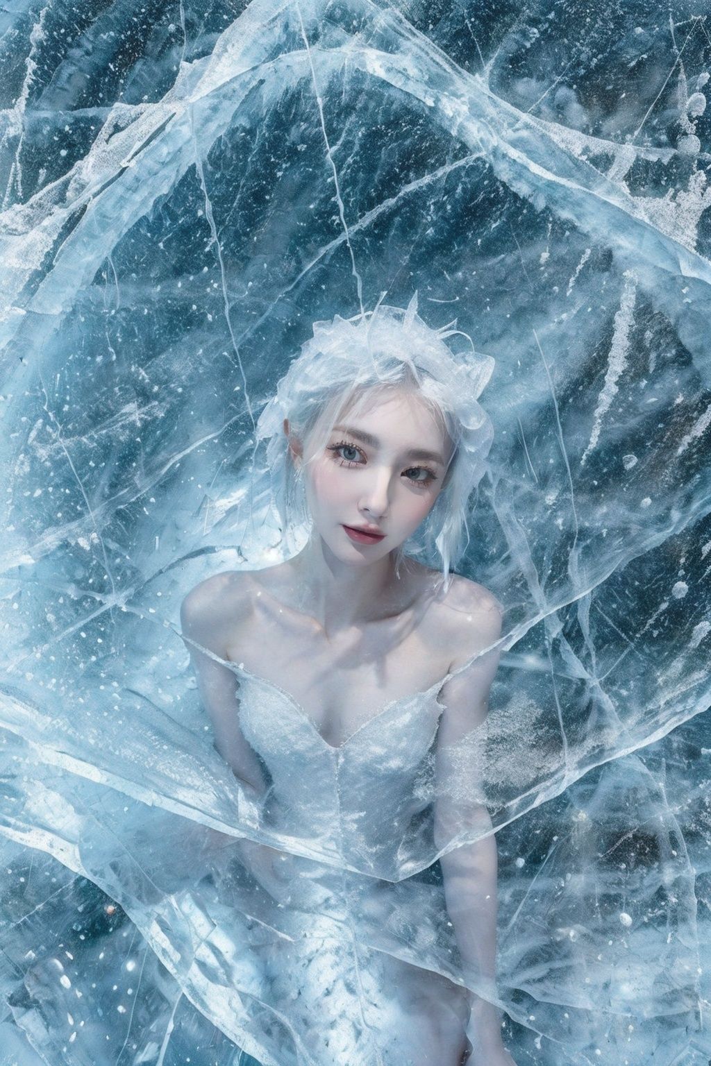 (Masterpiece, high quality, best quality, official art, beauty and aesthetics:1.2),1girl,solo,Ice wraps around the girl (lingering:1.2),(white chinese clothes:0.8),space,frost nova,ice ring,a bit like circular magic,<lora:ice cake_20231126200433-000018:0.8>,extremely detailed 8K wallpaper,(an extremely delicate and beautiful),intricate detail,exquisite eyes,ice bound,ice cake,(ice cracks:1.2),