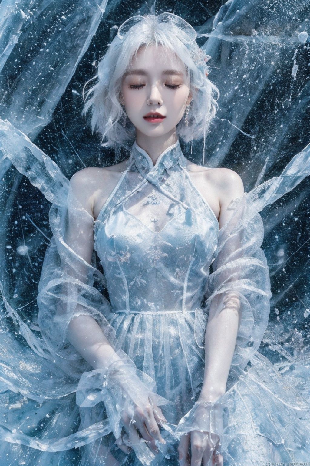 (Masterpiece, high quality, best quality, official art, beauty and aesthetics:1.2),ice and water,(ice:1.4),ice cone,ice circle,1girl,solo,Ice wraps around the girl (lingering:1.2),looking at viewer,(white chinese clothes:0.8),(extremely chinese colorful ink:1.4),kung fu,space,((extremely detailed ink background)),((flat color)),{{ink splashing}},frost nova,ice ring,a bit like circular magic,facing camera,<lora:ice cake_20231126200433-000018:0.7>,extremely detailed 8K wallpaper,(an extremely delicate and beautiful),intricate detail,exquisite eyes,<lora:lolita_洛丽塔裙子_款式1:0.3:lbw=1,1,0,0,0,1,1,1,1,1,1,1,1,1,1,1,1>,sky,ice bound,ice cake,closed eyes,ice cracks,