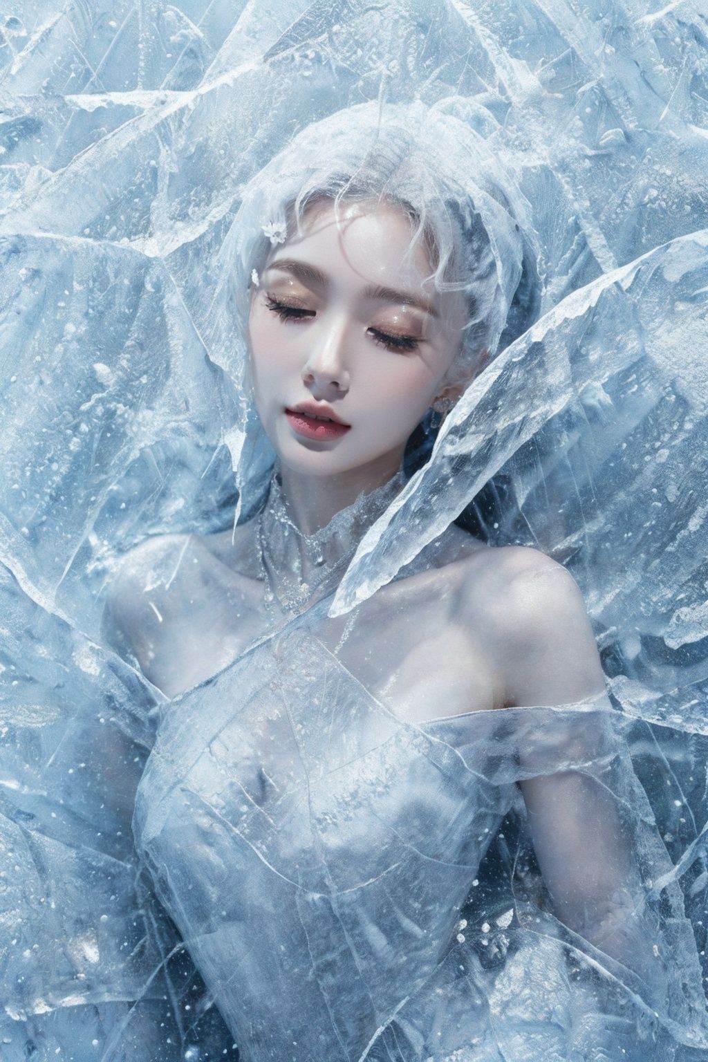 (Masterpiece, high quality, best quality, official art, beauty and aesthetics:1.2),ice and water,(ice:1.4),ice cone,ice circle,1girl,solo,Ice wraps around the girl (lingering:1.2),(white chinese clothes:0.8),space,((extremely detailed ink background)),((flat color)),{{ink splashing}},frost nova,ice ring,a bit like circular magic,facing camera,<lora:ice cake_20231126200433-000018:0.7>,extremely detailed 8K wallpaper,(an extremely delicate and beautiful),intricate detail,exquisite eyes,<lora:lolita_洛丽塔裙子_款式1:0.3:lbw=1,1,0,0,0,1,1,1,1,1,1,1,1,1,1,1,1>,sky,ice bound,ice cake,closed eyes,ice cracks,