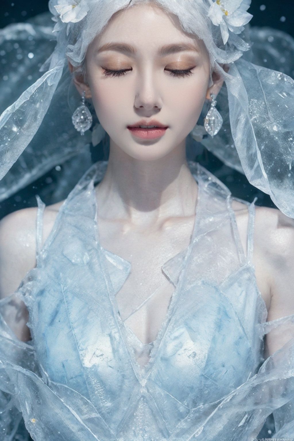 (Masterpiece, high quality, best quality, official art, beauty and aesthetics:1.2),ice cone,ice circle,(flower:1.4),solo,Ice wraps around the girl (lingering:1.2),((flat color)),frost nova,ice ring,a bit like circular magic,facing camera,<lora:ice cake_20231126200433-000018:0.6>,extremely detailed 8K wallpaper,(an extremely delicate and beautiful),intricate detail,exquisite eyes,sky,ice bound,ice cake,closed eyes,ice cracks,