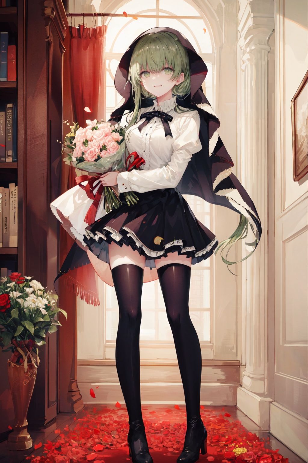 1girl,solo,red flower,flower,rose,long hair,skirt,thighhighs,bouquet,red rose,petals,green hair,thigh boots,black footwear,very long hair,bangs,holding,boots,high heels,shirt,smile,high heel boots,long sleeves,wide sleeves,standing,white shirt,:d,black skirt,looking at viewer,holding bouquet,full body,veil,pleated skirt,hair between eyes,red skirt,open mouth,puffy sleeves,green eyes,black thighhighs,frilled skirt,blush,<lora:hewuwazanohdLycoris:0.7>,