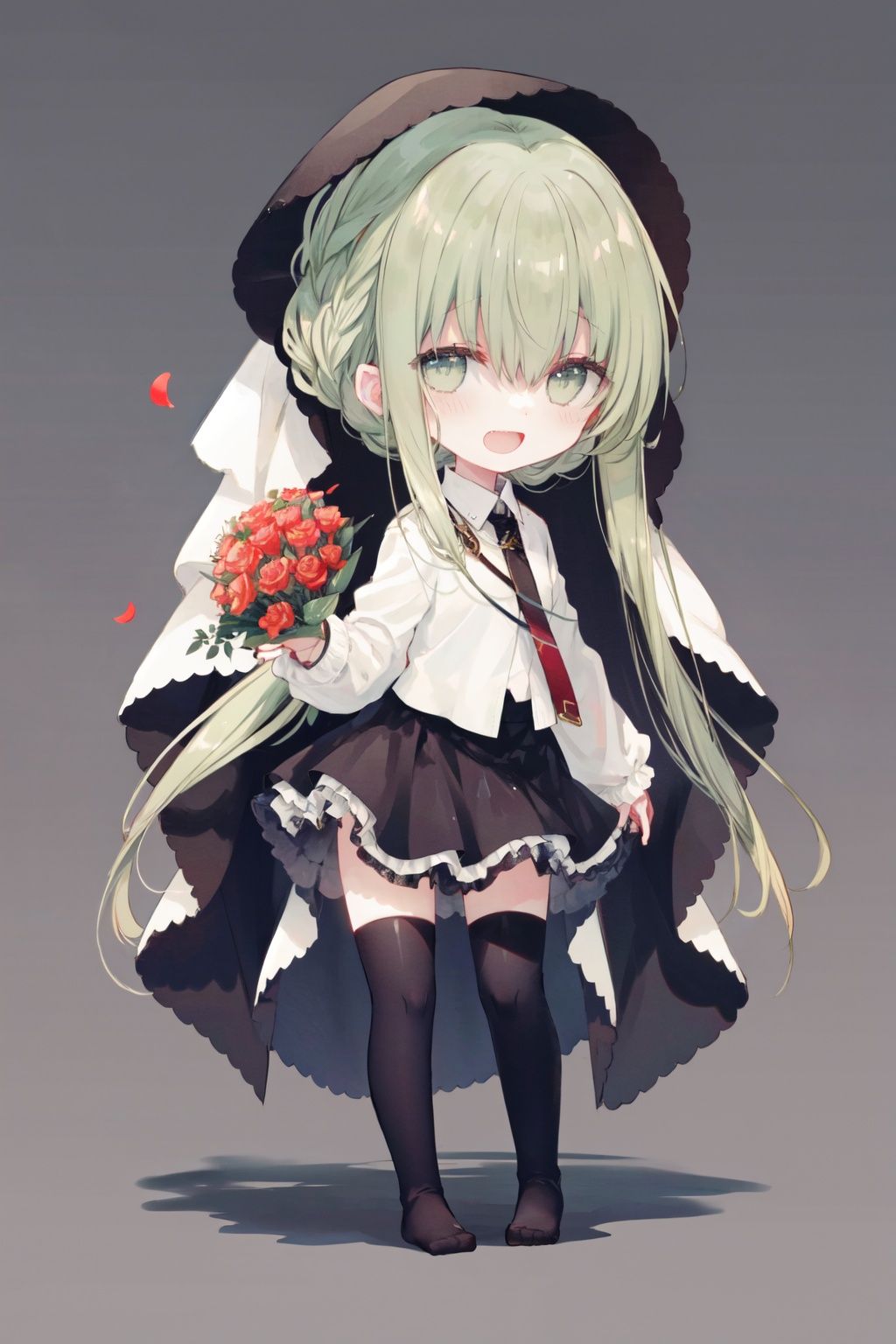 solo, 1girl, white background, bouquet, red rose, rose, red flower, smile, bangs, flower, green eyes, hair between eyes, green hair, veil, petals, black thighhighs, :d, skirt, full body, thighhighs, black skirt, long hair, standing, blush, very long hair, chibi, simple background, shadow, holding, long sleeves, looking at viewer, shirt, no shoes, white shirt, holding bouquet, open mouth, rose petals, sidelocks<lora:hewuwazanohdLycoris:0.7>,