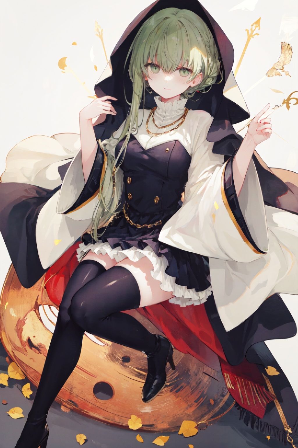 1girl, solo, wide sleeves, white background, thighhighs, thigh boots, long hair, long sleeves, boots, high heel boots, full body, smile, simple background, bangs, high heels, veil, black footwear, green hair, closed mouth, looking at viewer, hands up, black thighhighs, hair between eyes, jewelry, dress, blush, sidelocks, green eyes, skirt, frills, zettai ryouiki, necklace, very long hair, black skirt, black dress<lora:hewuwazanohdLycoris:0.7>,