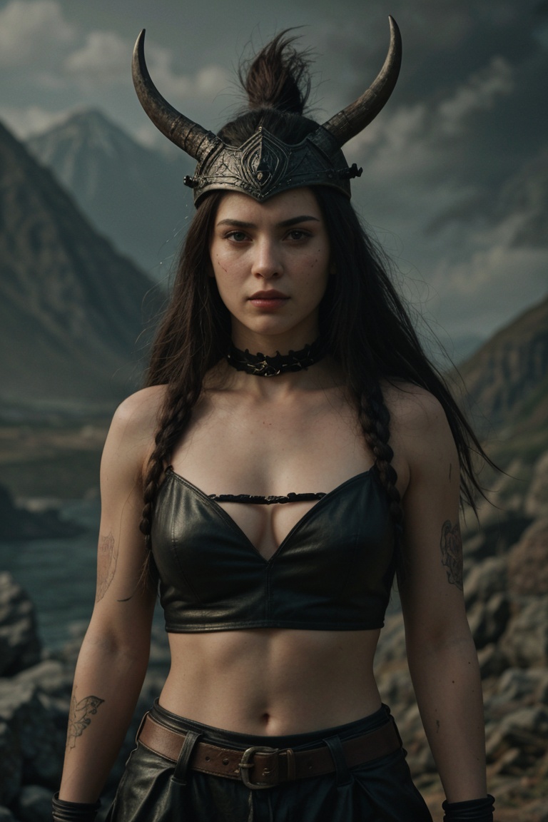 (a fierce viking warrior with a fierce expression,  wearing leather armor and a horned helmet),  beautiful detailed eyes o...