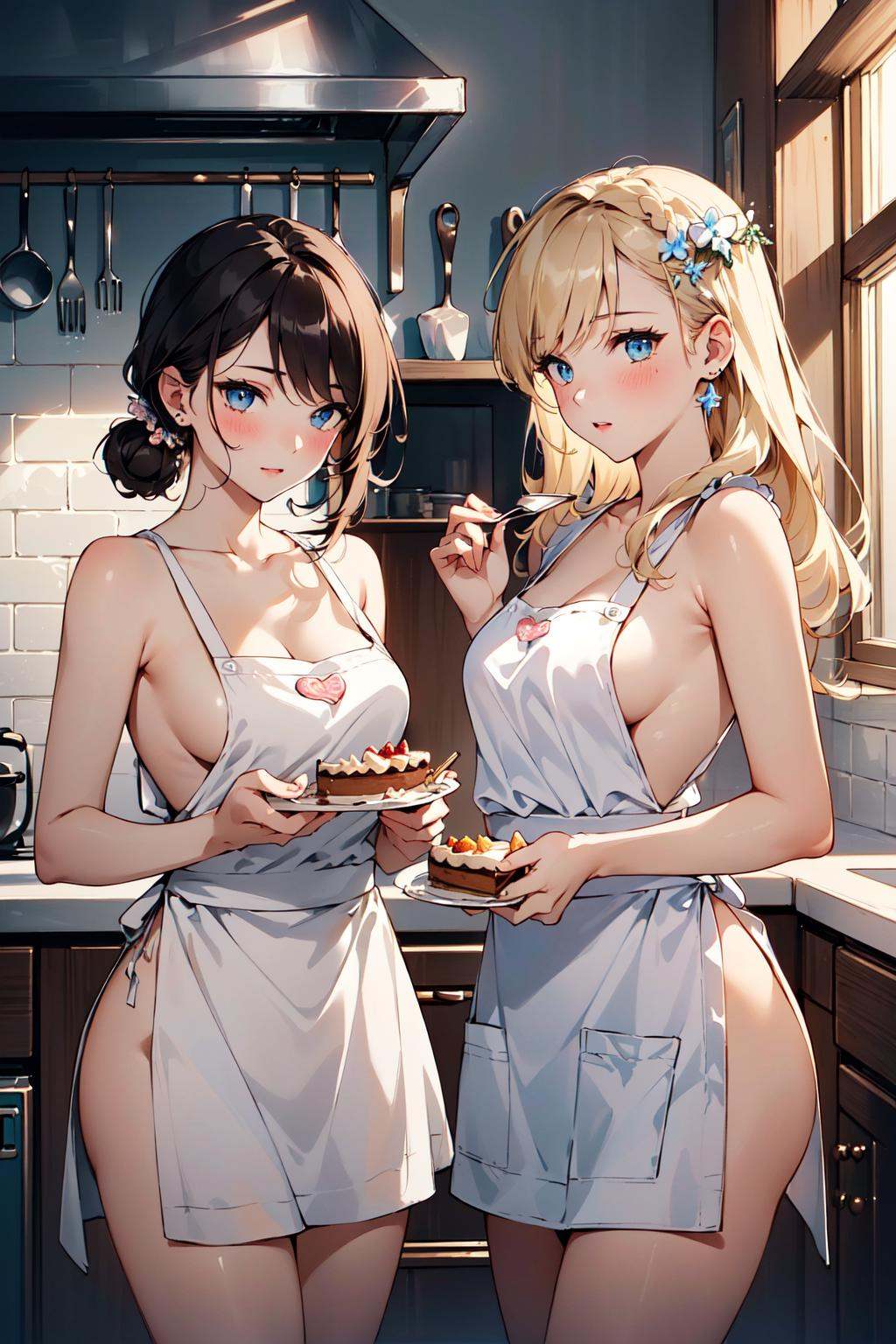 (two sexy women in a kitchen),  (naked apron),  (food) on Tensor.Art