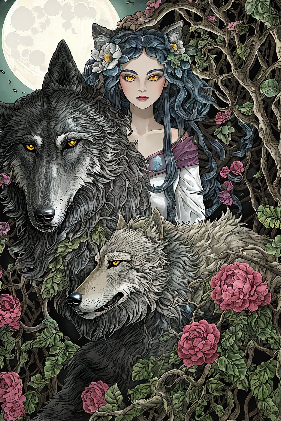 xiantiao, 1girl, wolf, flower,Feral gaze,looking at viewer, moon, solo, leaf, plant, crescent moon, Wolf companions, Mystical forestFloral, intricate linework, ultrafine detail,<lora:xiantiao:0.8>