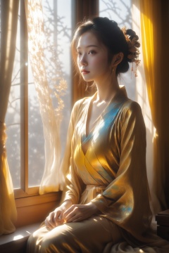  1girl, qingsha,mature female,Gold colorful theme, (((masterpiece,best quality))),((good structure,Good composition,good atomy)), ((clear, original,beautiful)),qingsha,fantastic coloured glaze,Fractal, light master,girl,windowsill, sunlight