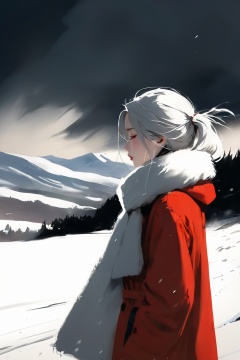  1 girl,full body,detailed face,In the snow all over the sky, a girl walking alone in the snow, wearing red thin trench coat, with a white scarf, Bare legs, bare feet, Holding her body tightly, her head bowed, her eyes closed, her mouth pressed together, and she was about to cry, Long white hair blows in the wind, The detailed and beautiful face was depressed, step by step, behind is a series of footprints, the snow is very big, the biting wind blowing her scarf, the distance is unbroken snow mountains, in this evening, helpless forward. , greyscale,sketch, monochrome, greyscale,crying, ((wlop))