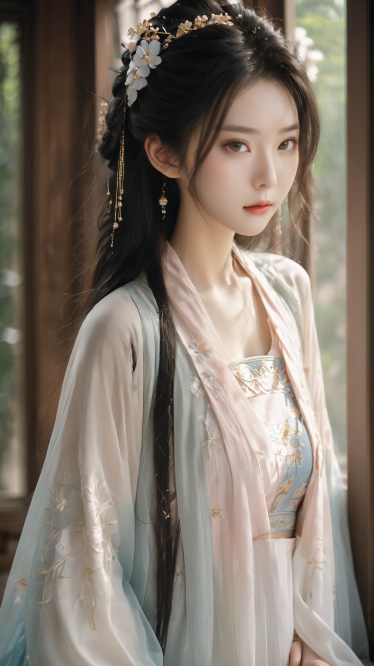  A girl with (white hair),(((wearing a black Song style hanfu,song style decorations,black Longshan,black Songmo,wide sleeve,fairy))),,(big_breasts:1.5),
,Best quality,realistic,photorealistic,masterpiece,extremely detailed CG unity 8k wallpaper,best illumination,best shadow,huge filesize,incredibly absurdres,absurdres,looking at viewer,(big_breasts:1.5),
vase,petals,Classical architecture,Traditional architecture,Chinese style,room,ancient Chinese style,detailed background,wide shot background,
1gilr,(white hair),Hairpins,hair ornament,slim,narrow waist,(huge breasts:1.5),Full chest,perfect eyes,beautiful perfect face,perfect female figure,detailed skin,delicate pattern,detailed complex and rich exquisite clothing detail,delicate intricate,
fabrics,charming,alluring,seductive,erotic,enchanting,
, HanFu, daxiushan, FilmGirl,arien_hanfu, sunlight