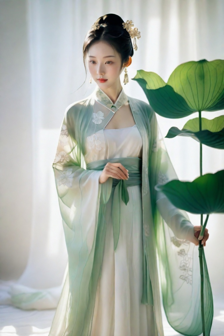  Ancient Chinese Beauty, wearing Hanfu, standing by one enormous lotus leave with intricate patterns, median transparent/translucent lotus leave, soft glow, in the style of Albert Watson, minimalism, light emerald and white, simple white background, surrealist, feminine sensibilities, sunlight, monkren,,<lora:660447824183329044:1.0>