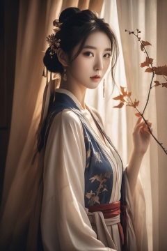  Fashion editorial style a asian girl with hanfu ruqun,Jin style, joint brand, ribbon, Withered leaves, old vines, plant illustration, splash ink,High fashion, trendy, stylish, editorial, magazine style, professional, highly detailed, cinematic lighting, Dramatic lighting, sunlight, monkren