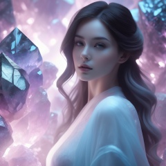  cinematic, fashion photo of a beautiful girl in the style of neomorphism, the transformation of minerals into polymorphs, glowing crystals, hyper detailed, photorealistic, detailed glow, ambient occlusion, ambient light