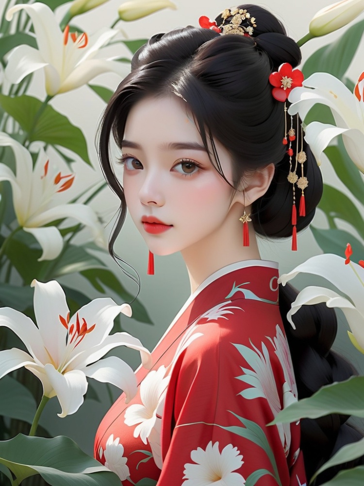  pallor,1girl,black hair,chinese clothes,floral background,floral print,flower hair,ornament,lily \(flower\),portrait,red lips,simple background,solo,white flower,