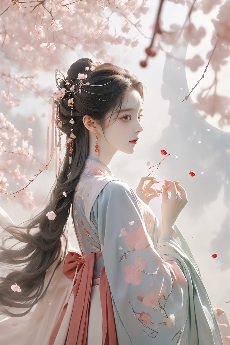  Girls, Hanfu, aestheticism, cherry, large cherry, petals fall, big scene, elegant Hanfu, dream, unreal, inception space,sci-fi,汉服,guofeng,(\hui mou\)