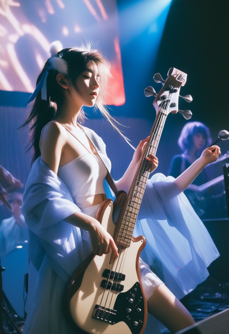  Photo, 1 girl, San from Princess Mononoke playing bass at a heavy metal concert, art by Studio Ghibli, art by J.C. Leyendecker, Canon 5d Mark 4, Kodak Ektar, neon light
, monkren, sunlight