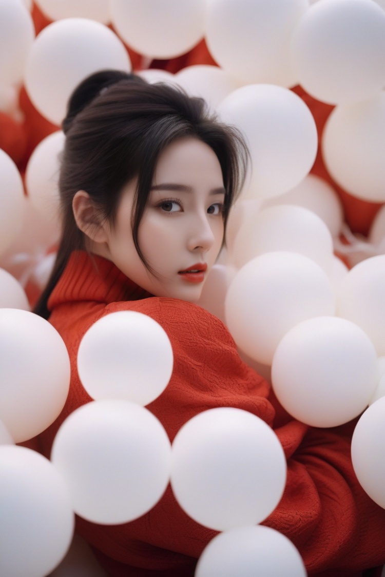  breathtaking cinematic film still,Cowboy_Shot,blouse,a cinematic fashion portrait photo of beautiful young woman from the 90s wearing a red turtleneck standing in the middle of a ton of white balloons,dramatic lighting,taken on a hasselblad medium format camera,looks like liuyifei,white balloon,shallow depth of field,vignette,highly detailed,high budget,bokeh,cinemascope,moody,epic,gorgeous,film grain,grainy . award-winning,professional,highly detailed,sc,monkren,, monkren