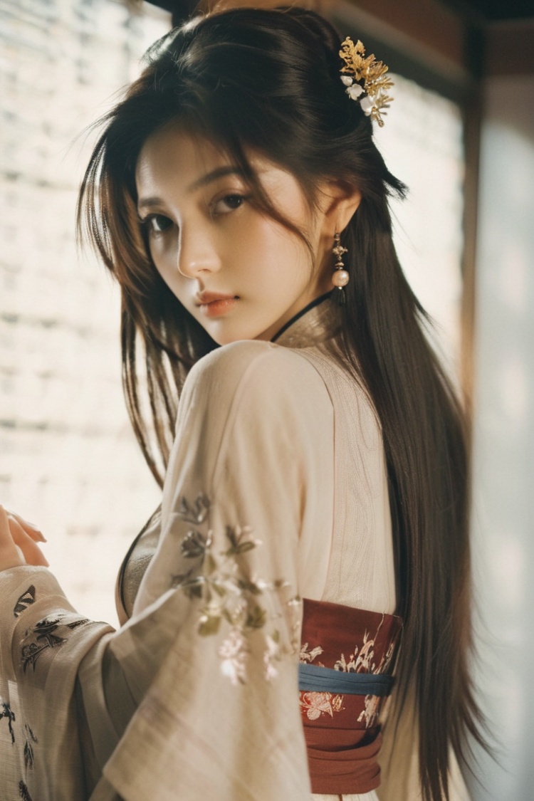  breathtaking 1girl,long hair,black hair,parted lips,brown eyes,brown hair,mole,standing,lips,moody lighting,polaroid,white skin,,hanfu,reality,photo_(medium),realistic,hands on the back, . award-winning, professional, highly detailed, monkren