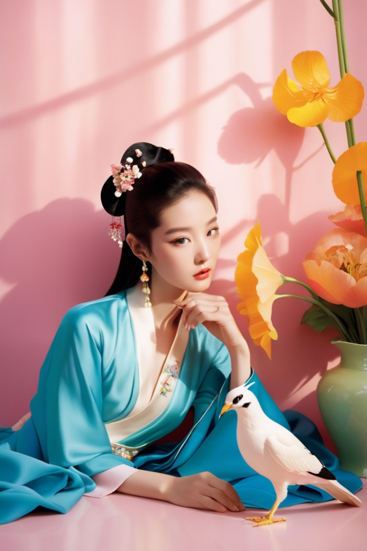  1girl,chinese young girl,bird,flower,style of Miles Aldridge, monkren, sunlight